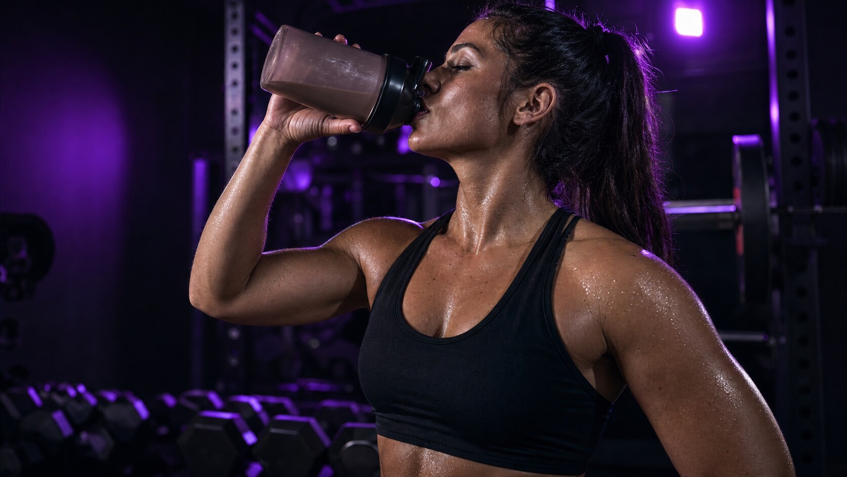 紫のライトが照らすジムでトレーニング後にプロテインを飲む様子